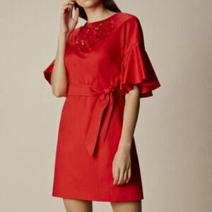 Karen Millen Red Satin Mini Dress with Embellished Yoke